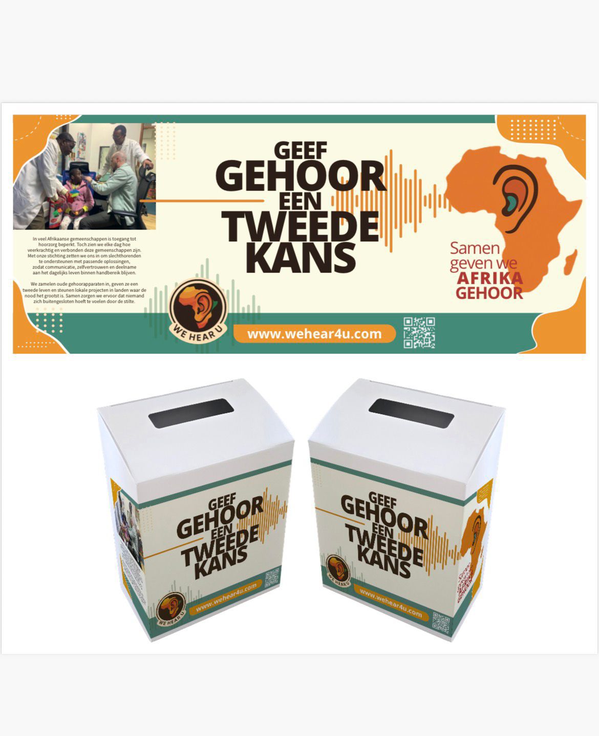 Een witte inzamelbox van stichting We Hear You in een optiekwinkel, bedoeld om gebruikte hoortoestellen in te zamelen voor Afrika.